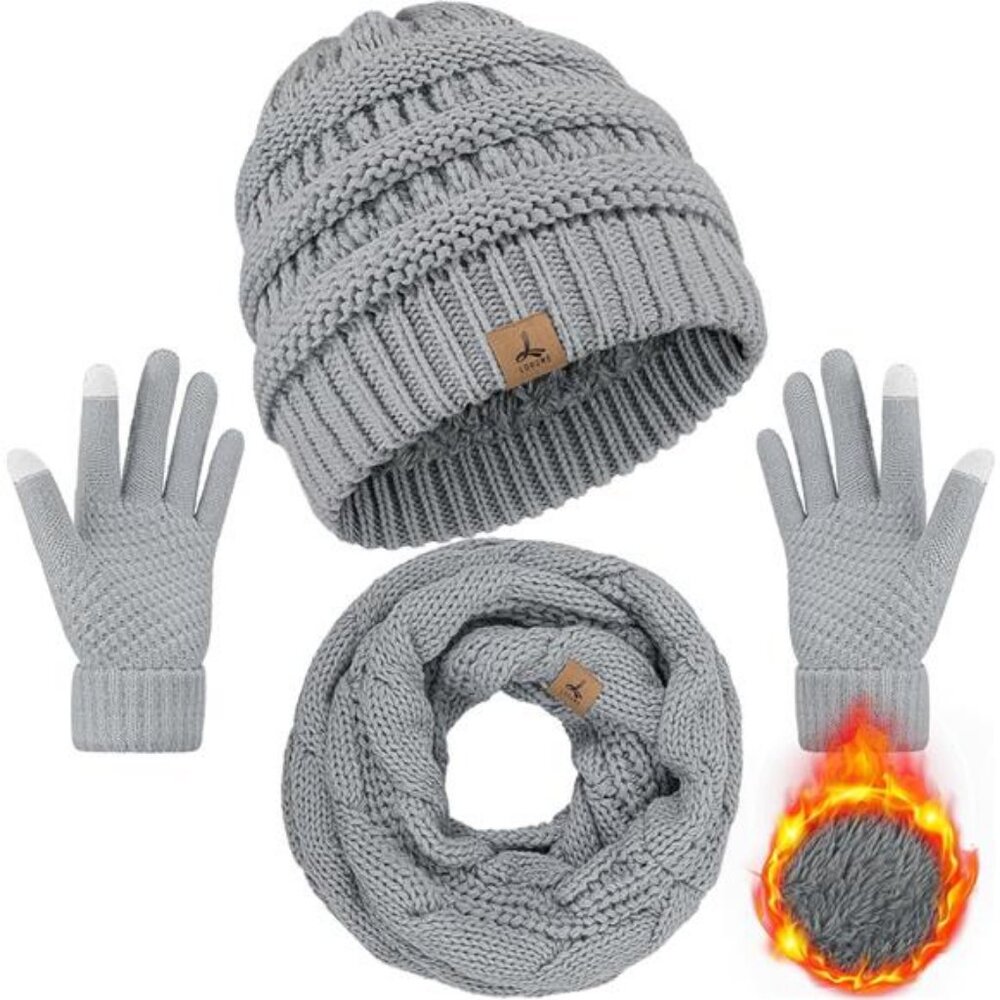 Winter Beanie Hat Scarf Gloves, Warm Fleece Knit Hats Touch Screen Gloves Neck